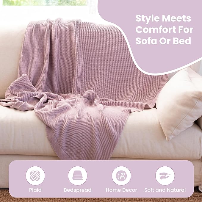 Dalisa 100% Organic Turkish Cotton Throw Blanket - GOTS Certified, Cozy - Perfect for Couch, Bed, and Home Decor - Boho Vintage Knit Alina (Lavender Frost, 50x60)