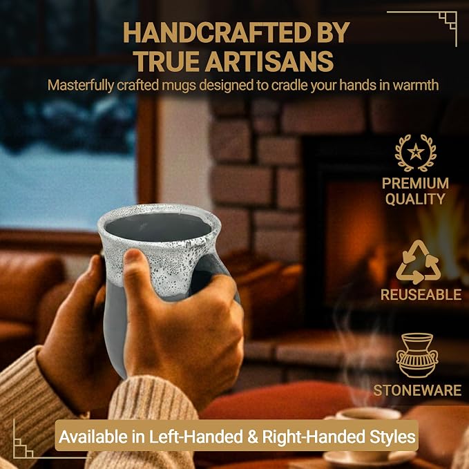 Clay in Motion Hand Warmer Coffee Mug – Handmade Coffee Mug With Comfortable Handle Contoured Pocket Hand Warming Ceramic Coffee Mug – Proudly Made in USA – Right Handed – 14 Oz - Snowcap