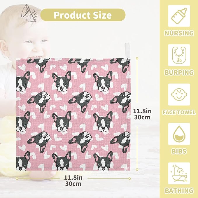 Baby French Bulldog Heart Msulin Washcloths Newborn Face Towel - Baby Muslin Burp Cloths 5 Pack Soft Absorbent Natural Cotton Wash Towel 11.8"X11.8" Baby Bath Towels Wipes