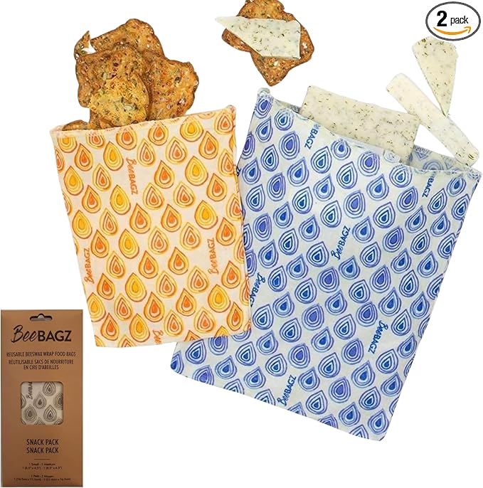 BeeBAGZ - Beeswax Wrap Storage Bag, Vegan Reusable Food Storage Bags, Pack of 2, Plastic Free Biodegradable Food Wrap Alternative, Snack Pack, 1 Small + 1 Medium, (Multicolors)