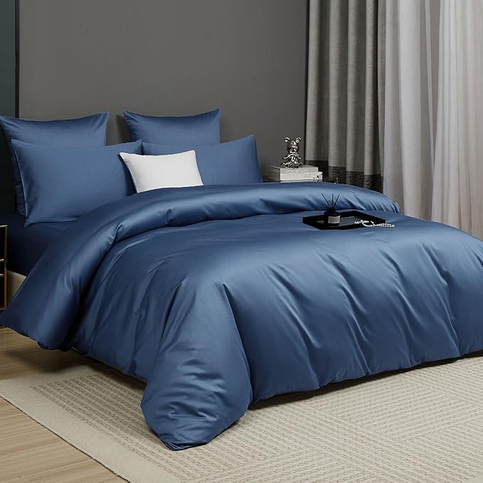 Slate Blue Cotton Duvet Cover Set King 100% Long-Staple Cotton Sateen Bedding Set, Soft Breathable Smooth Organic Pure Cotton Plain Comforter Cover, Luxury Minimalist Bedroom Decor for All Season