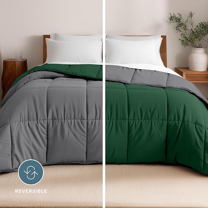 Bare Home California King Comforter - Reversible Colors - Goose Down Alternative - Ultra-Soft - Premium 1800 Series - All Season Warmth - Bedding Comforter (California King, Grey/Forest Green)