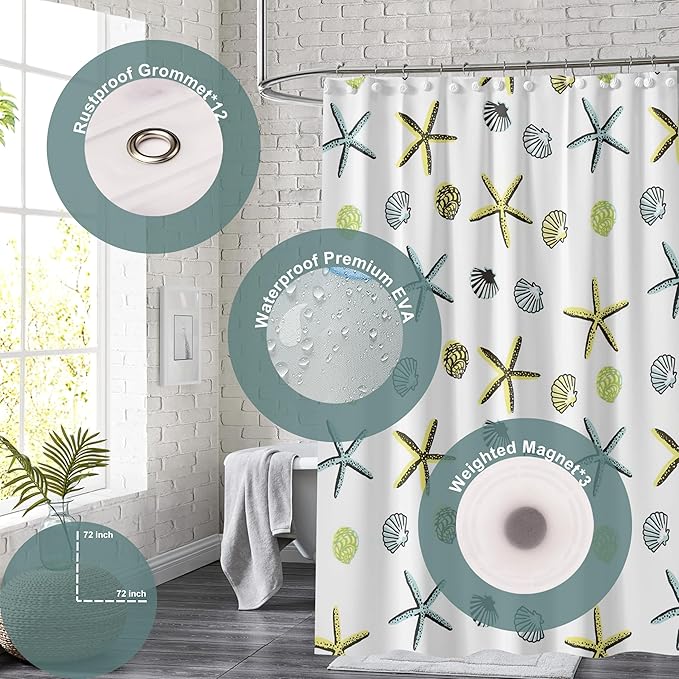 Plastic Shower Curtain Liner, Premium EVA 5G Starfish Shower Curtain, Shower Curtains for Bathroom with 3 Magnetic Weights and Rustproof Grommets (Starfish, 72x72 in)