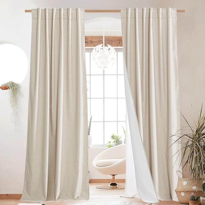 NICETOWN 100% Blackout Linen Curtains for Living Room with Thermal Insulated White Liner, W52 x L84, 2 Panels, Rod Pocket & Back Tab Retro Vertical Drapes Privacy for Bedroom, Champagne