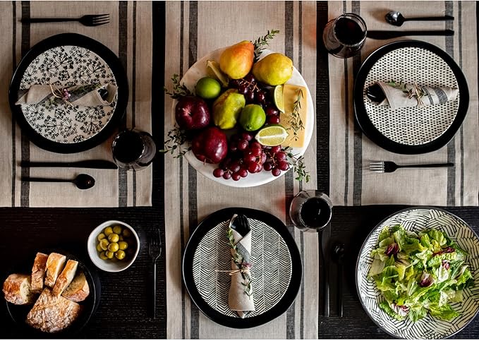Solino Home Linen French Stripe Placemats Set of 4-100% Pure Linen Black and Natural Placemats 14 x 19 Inch for Summer - Handcrafted and Machine Washable
