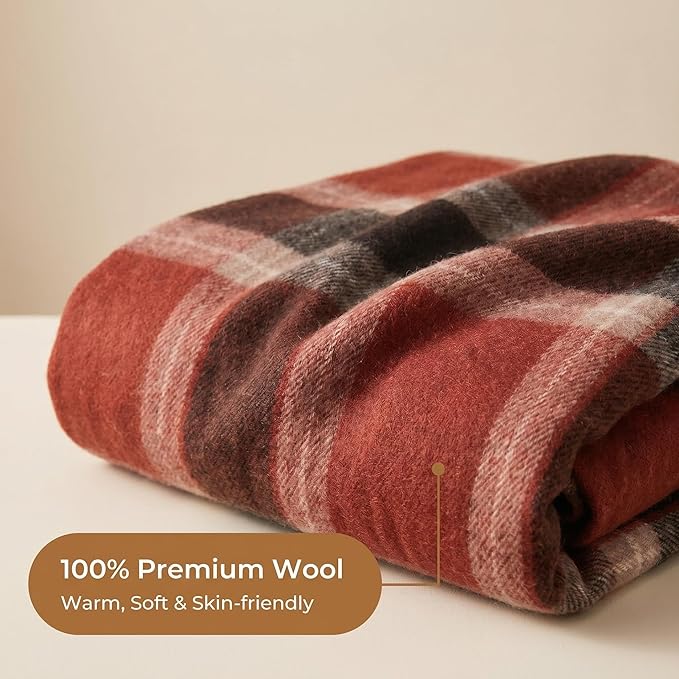 100% Wool Blanket Throw,Buffalo Plaid Wool Blanket with Compact Bag,Rustic Soft Lightweight Blanket for Couch,Sofa,Bed & Home Decoration, Warm Travel Blanket for Home, Airplane,Ideal Gifts 55"x83"