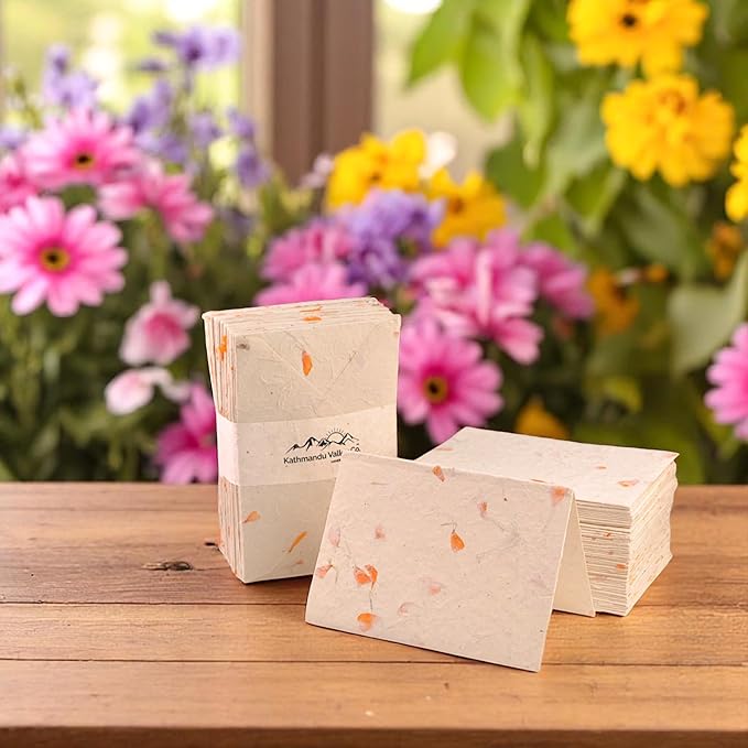 Kathmandu Valley Co. 50 Vintage 4x6 Handmade Lokta Paper Nepali Cherish Greeting Cards & Matching Decorative Flower Petal Envelopes. Folded blank cards. Handmade In Nepal. (Marigold)