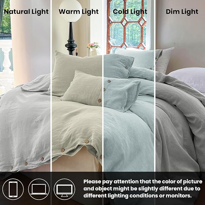 Simple&Opulence 100% Linen Duvet Cover Set 3pcs with Coconut Button Closure Natural French Washed Flax Solid Color Soft Breathable Farmhouse Bedding - Light Grey, Full Size