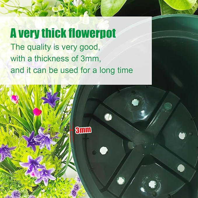 10 Pack Green Plastic Planter Pots, 10 Inch Thick with Multiple Drainage Holes, for Herbs, Strawberries, Flowers - Indoor/Outdoor