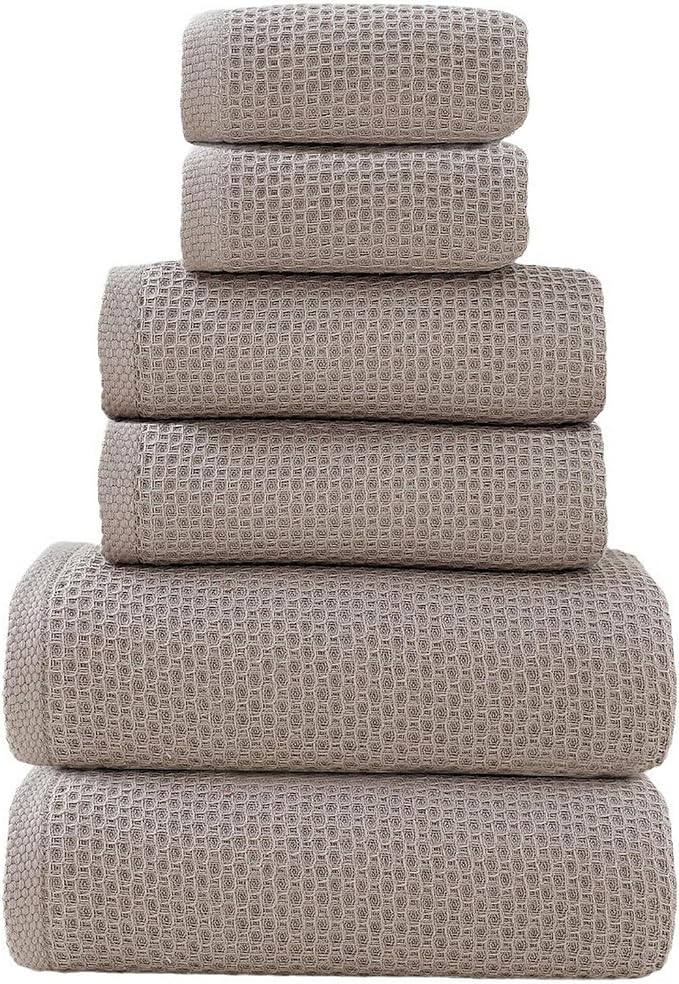 SK Studio 6 Piece Bath Towels Set, Cotton Hotel Large Waffle Bath Towels Absorbent Quick Dry with 2 Bath Towels, 2 Hand Towels, 2 Washcloths for Bathroom Spa, Grey