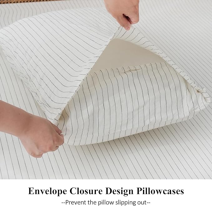 S VICTORY SYMBOL 100% Organic Linen Duvet Cover Set Grey Pinstripe,Yarn Dyed French Natural Flax Bedding Set,3pcs Farmhouse Comforter Cover Set Full Size