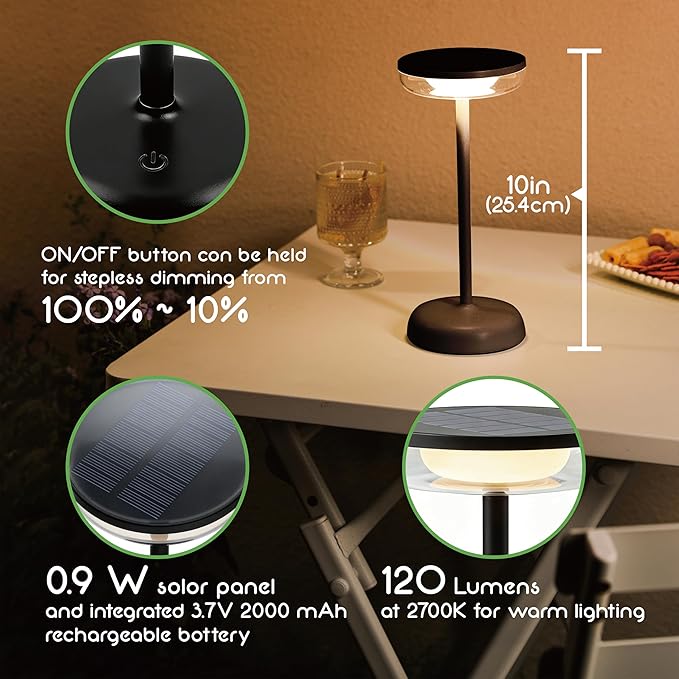 Cocktail Style Solar Table Lamp - Cordless LED Light with USB-C Charging, Dimmable Warm 2700K Glow, Weather Resistant for Indoor/Outdoor Use - Black, 1 Pack