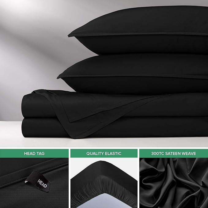 Pure Bamboo Queen Sheets, Genuine 100% Organic Viscose Derived from Bamboo Bed Sheet Set, Luxuriously Soft & Cooling, Double Stitching, 2 Year Quality Promise (Queen, Black)