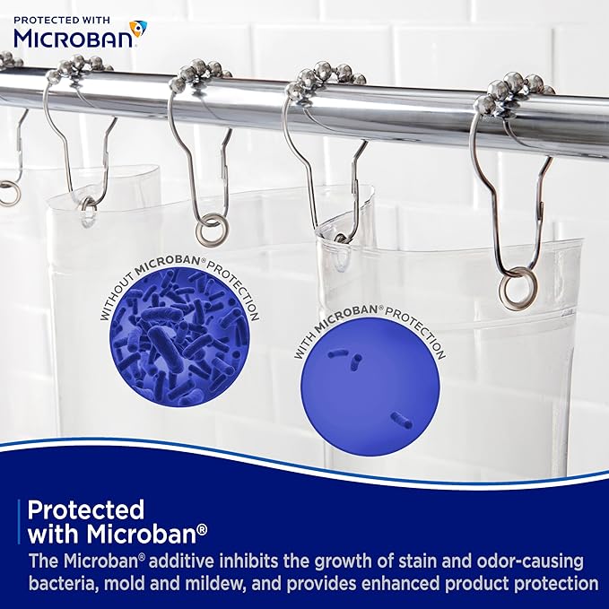 Kenney – Microban PEVA Shower Curtain Liner, Waterproof Medium-Weight Design with Rust-Resistant Metal Grommets & Weighted Magnetic Hem, 70" x 72", Clear