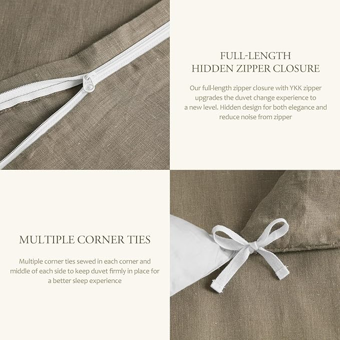 DAPU 100% Linen Duvet Cover Set - Pure Natural French Flax Linen with Corner Ties and Zipper Closure Soft Breathable Durable for Hot Sleepers 1 Duvet Cover 2 Pillowcases (Gray Green, King)