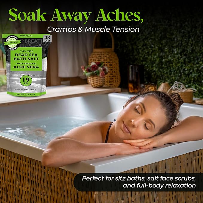 Aromasong Dead Sea Salt with Organic Aloe Vera, Spa Bath Salts, 19 Lbs Fine Bulk resealable Pack, 100% Pure & Natural, Soak for Women & Men for Tired Muscles & Skin Issues (Packaging May Vary)