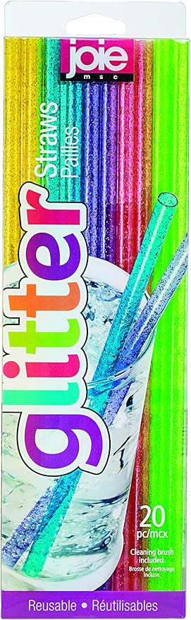 Joie Reusable Plastic Straws – 20-Piece Glitter Drinking Straws Set with Cleaning Brush, BPA-Free, Eco-Friendly & Dishwasher Safe, Colorful