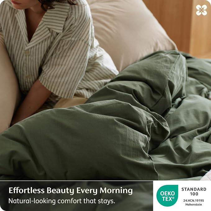 Bedsure Duvet Cover King Size - 100% Washed Cotton, Linen-Like Minimalist Bedding - PureWoven Plain Soft Comforter Cover for All Seasons, 1 Duvet Cover Only (Olive Green, 104" x 90")