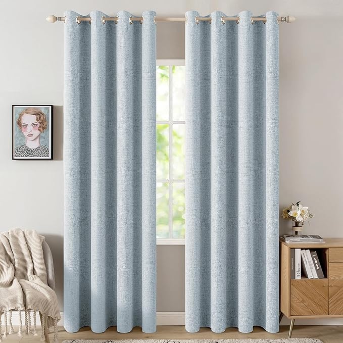 MIULEE 90 Inches Linen Textured Curtains for Bedroom 100% Blackout Thermal Insulated Chambray Blue Grommet Room Darkening Curtains & Drapes Luxury Decor for Living Room 52 x 90 Inch (2 Panels)