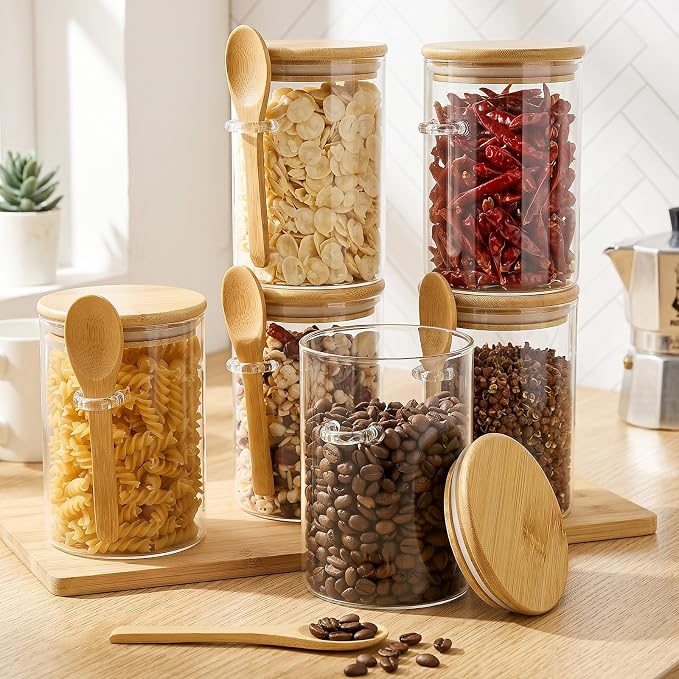 ZOOFOX 6 Pack Airtight Glass Jars with Bamboo Lids and Spoons, 17 oz Glass Sugar Container with Airtight Lid, Clear Storage Canister for Overnight Oats, Cookie, Coffee, Spice, Tea, Cereals, Condiment