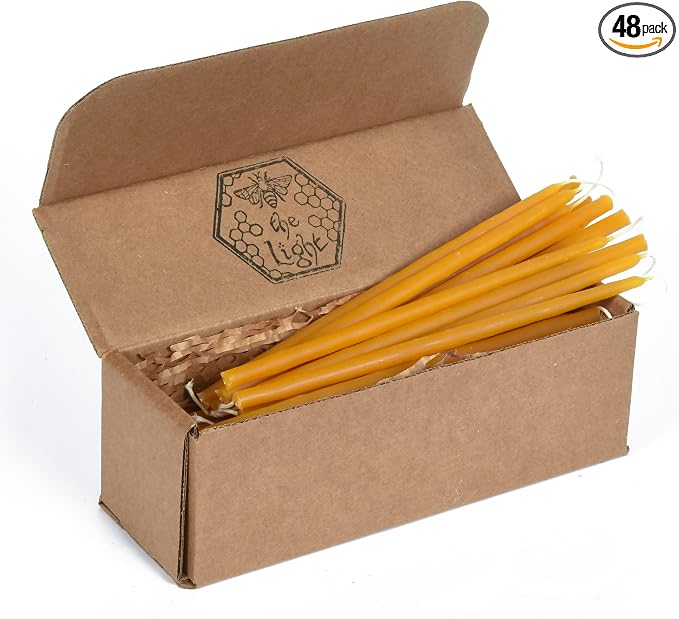 100% Pure Beeswax Taper Candles - Hanukkah, Birthday or Orthodox, All-Natural Handmade Dipped Smokeless Unscented 8.5" x 0.2" Pack of 48