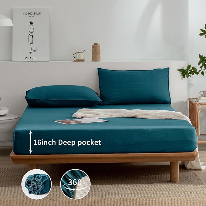 EVERLY Linen Sheets Set King Size,100% French Stonewash Pure Linen Sheets Set,4Pieces (1Flat Sheet,1Fitted Sheet,2Pillowcase) Suitable for Hot Sleepers,Deep Pocket Natural Bedding Set-Graphite Blue