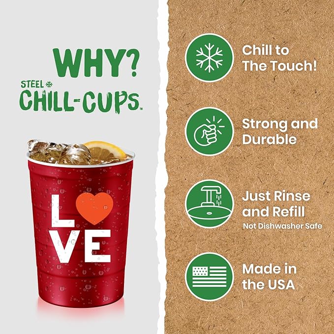 Steel Chill Cups 16 oz. Party Cup Love Heart Design for Cold Drinks, Durable, Disposable, Recyclable, Made in USA, Red, 12 Count