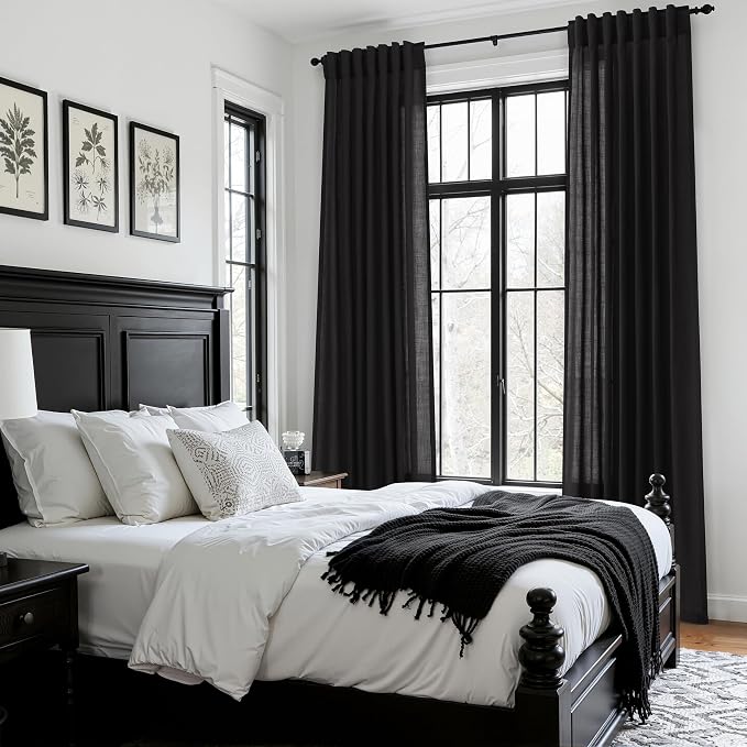Vintage Black Linen Curtains 108 Inches Long for Living Room Light Filtering Semi Sheer Curtain Back Tab Floor to Ceiling High Window Gothic Vintage Decor Drapes for Bedroom Office 52x108,2 Panels