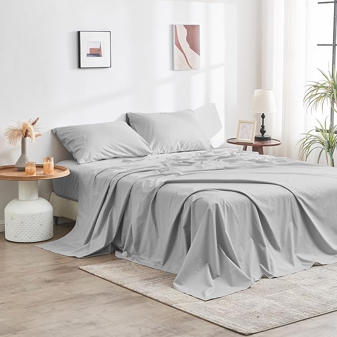DOZ 100% GOTS Certified Organic Cotton Sheet Set, Crisp Percale Weave, Long Staple, Breathable, Matte Finish, Hotel Style, Durable, 4pc – 2 Pillowcases 1 Fitted 1 Flat (Dove, King)