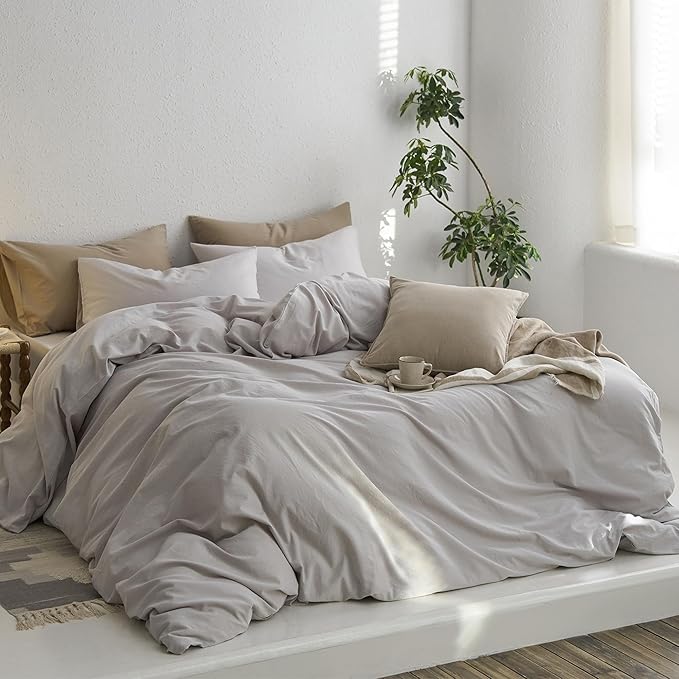 MooMee Full Duvet Cover Set, 100% Washed Cotton Linen Like Twill Thick Sturdy Material Super Soft Breathable Durable Bedding for All Season, 3 Pieces (Light Gray, Full 80"x90")