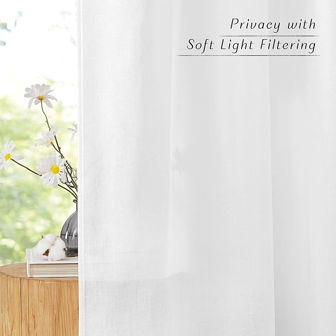 NICETOWN White Linen Curtains for Bedroom, Rod Pocket & Back Tab Thick Flax Window Treatments Privacy Assured with Light Filtering for Kids Room/Living Room, W55 x L84, 2 Pieces