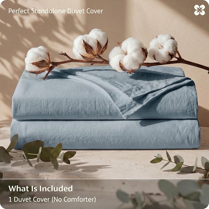 Bedsure Duvet Cover King Size - 100% Washed Cotton, Linen-Like Minimalist Bedding - PureWoven Plain Soft Comforter Cover for All Seasons, 1 Duvet Cover Only (Dusty Blue, 104" x 90")