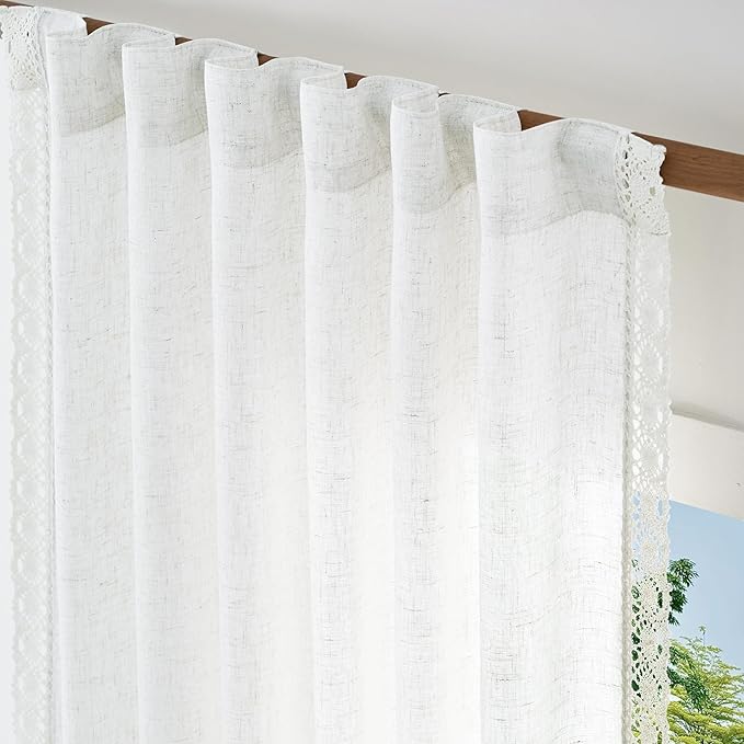 jinchan Linen Curtains for Living Room Bedroom Light Filtering Semi Sheer Curtains Boho Farmhouse French Country Cottage Core Decor Window Drapes Back Tab 84 Inch Length Laced Off White