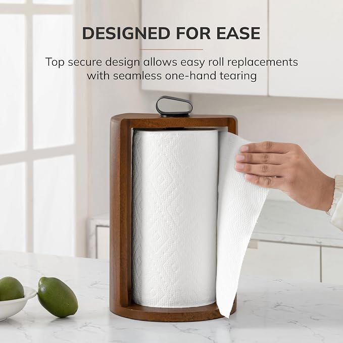 Anji Mountain Wooden Paper Towel Holder with Iron Holder, Holder Stand for Kitchen Roll Organizer & Kitchen Dining Table Home Décor, Countertop Fits Jumbo & Mega Rolls - Walnut/Black, Top Load