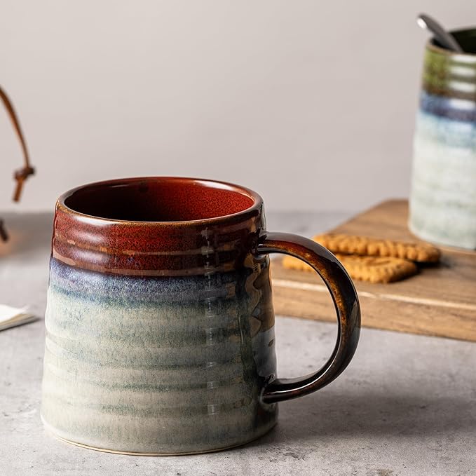15.5 Oz Large Reactive Glaze Ceramic Mug, Heavy Weighted Stoneware Coffee Cup, Wide Base, Thick Wall Big Tea Cup with Custom Package Box, Microwave & Dishwasher Safe (Black Red)