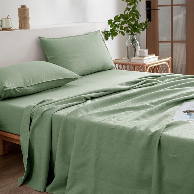 EVERLY Linen Sheets Set Queen Size,100% French Stonewash Pure Linen Sheets Set,4Pieces (1Flat Sheet,1Fitted Sheet,2Pillowcase) Suitable for Hot Sleepers,Natural Linen Bed Set-Saga Green-Queen
