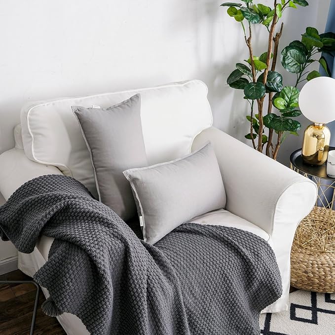 Jeanerlor Cotton Linen Square Decorative Throw Pillow Case Cushion Cover with Twin Needles Stitch on Edge, 12"x20"(30 x 50cm), 2 Pcs, Silver Grey