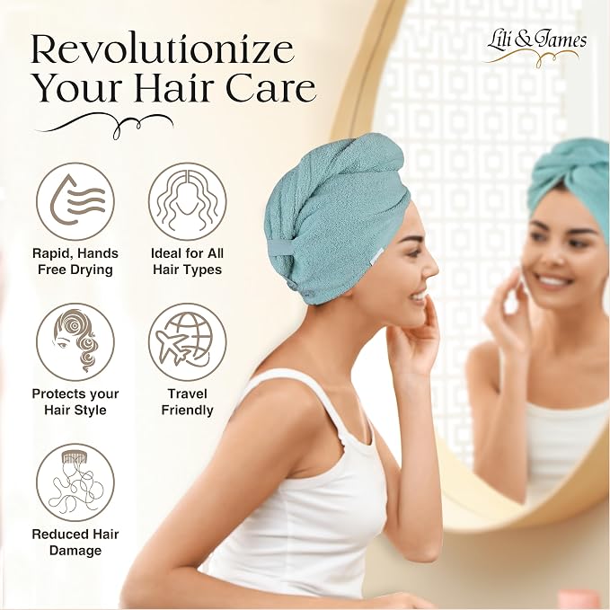Lili&James 100% Cotton Hair Towel Wrap for Women/Kids | Quick Dry, Soft & Absorbent Hair Wrap Towels with Double Button | Anti Frizz, Non Microfiber Hair Turbans for Curly, Long & Thick Hair (Aqua)