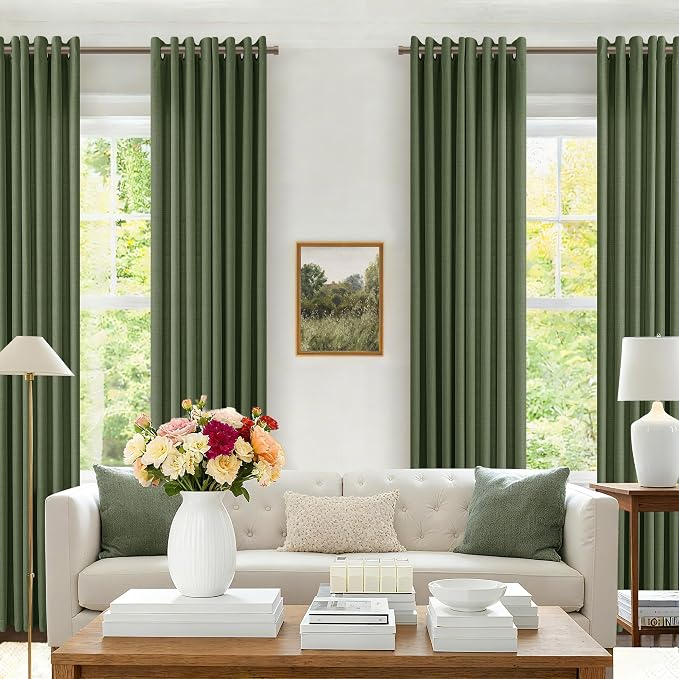 Dark Olive Green Curtains for Living Room 96 Inches Long 2 Panels Set Semi Sheer Light Filtering Bronze Grommet Elegant Boho Farmhouse Drapes Linen Burlap Bedroom Window Curtains Moss Green