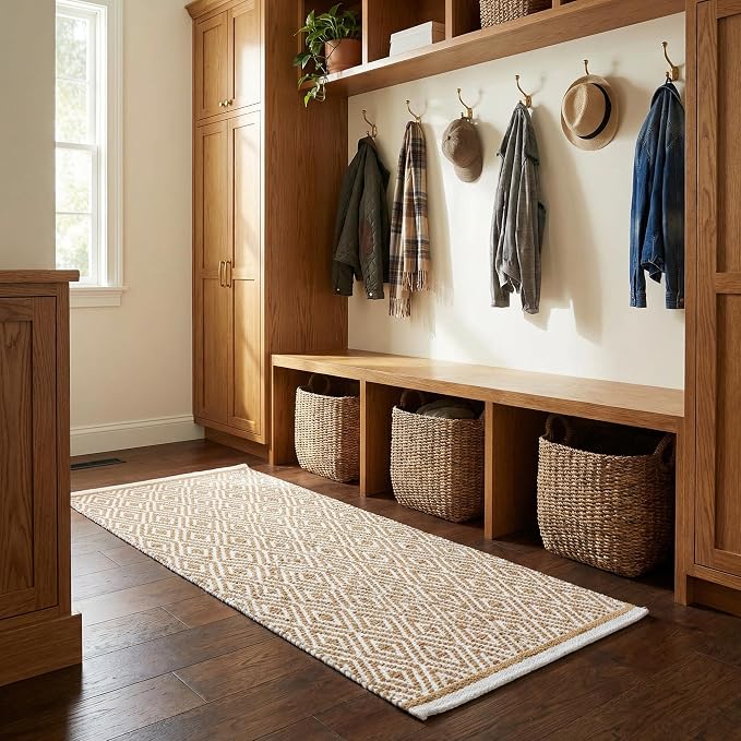 Chenille Cotton Diamond Runner Rug 2x5 Feet - Linen, Reversible Washable Soft Floor Runners Ideal for Kitchen, Hallway, Bedroom, Bathroom | Beige Farmhouse Boho Indoor Use Rugs for Patio Décor
