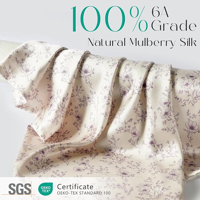 ZIMASILK 100% Pure Mulberry Silk Pillow Cases for Hair and Skin, Soft, Hypoallergenic & Smooth, Both Sides Grade 6A Silk, with Hidden Zipper, Gift for Women Men, 1pc (King 20"x36", Lilac Flower)