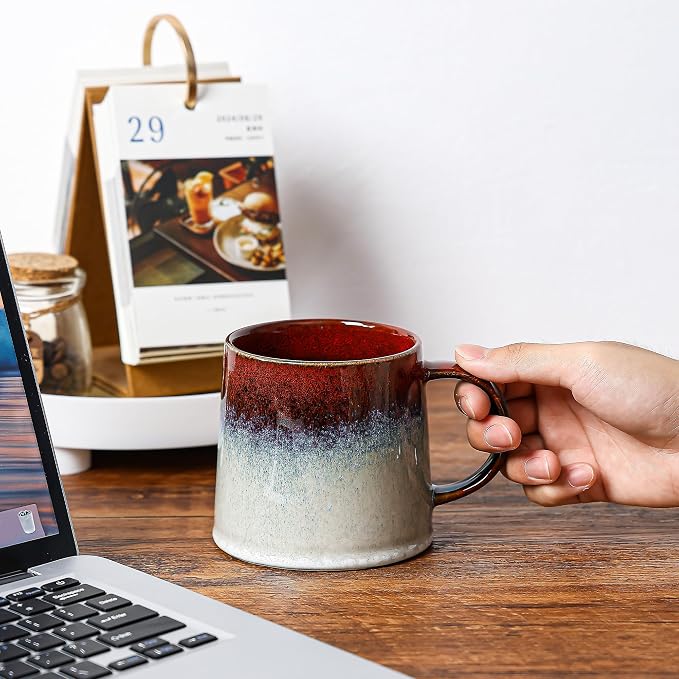 Large Ceramic Coffee Mugs, 20 oz Handmade Pottery Mug, Big Tea Cups with Handle for Office and Home, Dishwasher and Microwave Safe (Ink Red)