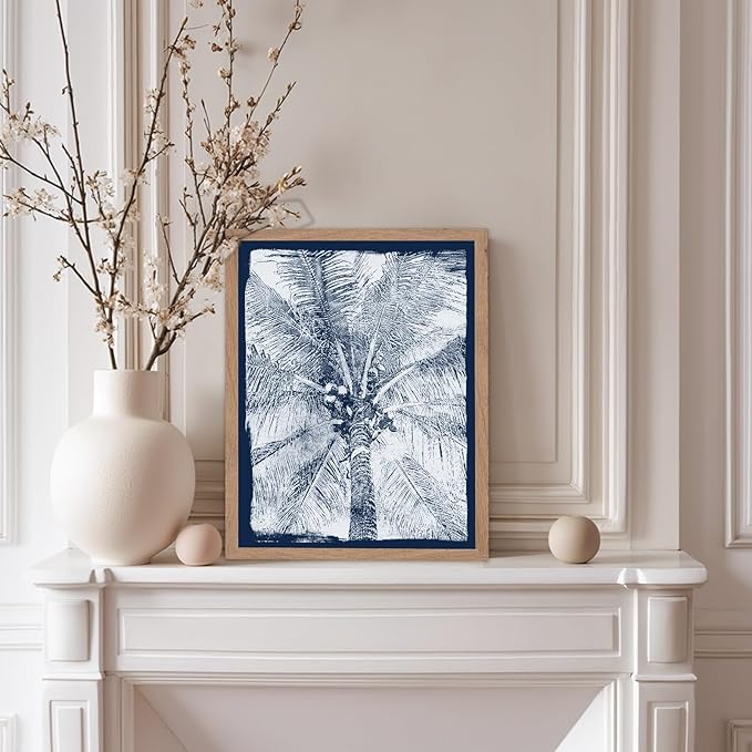 Monem Art Coastal Palm Tree Cyanotype Print - Blue and White Tropical Botanical Design Poster - Wall Decor for Beach House, Bedroom or Living Room - 8x10 Beige Framed Wall Art by Renee Stramel