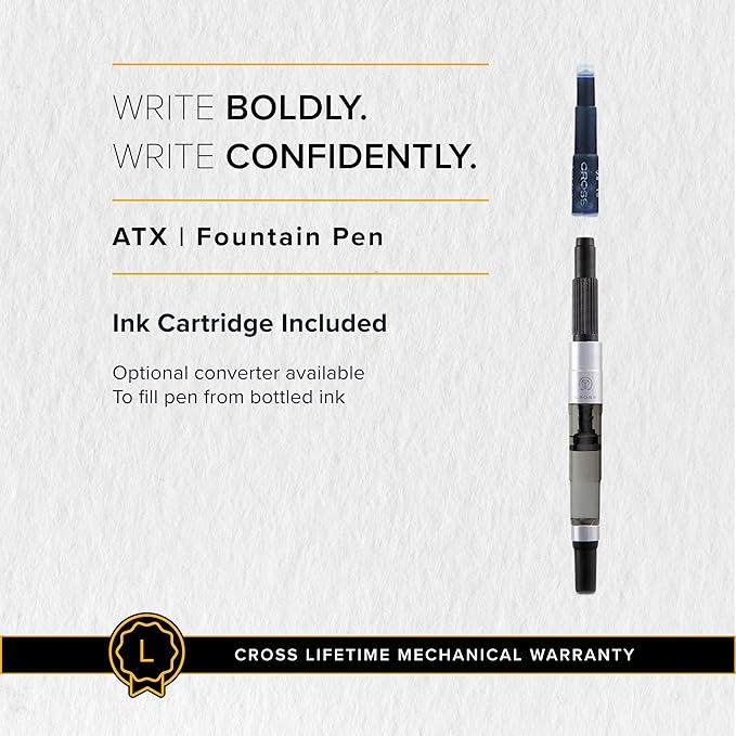 Cross ATX Sandblasted Titanium Gray Stainless Steel Fine Nib Fountain Pen - Refillable Pen for Smooth Writing - Black Ink - Comfortable Grip - Long-Lasting - Professional Office Supplies