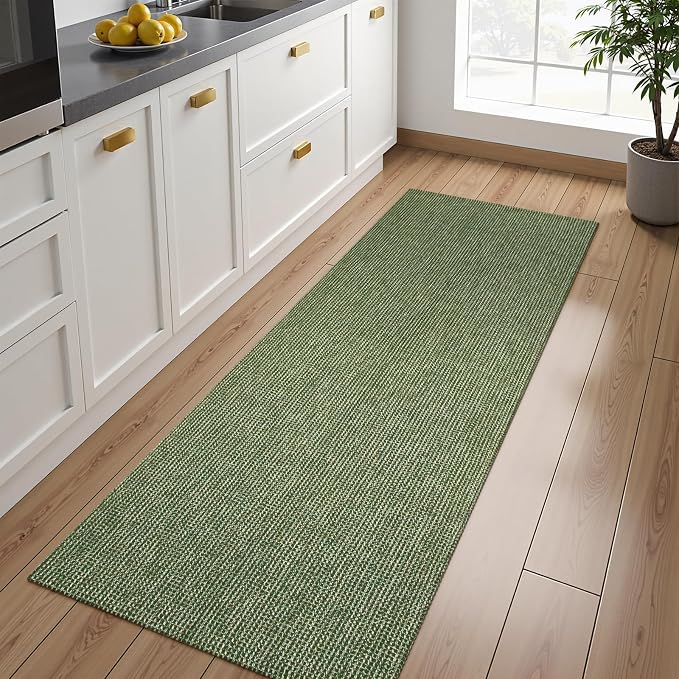 Uphome Kitchen Runner Rug, 2x7 Washable Boho Rug Runners for Hallways Non Slip, Low Pile Woven Cotton Modern Carpet Runners, Stain Resistant Bedroom Runner Rug for Hallway Entryway Entrance, Green