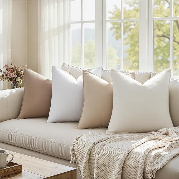 Linen and Cotton Decorative Pack of 4 Throw Pillow Covers Soft Accent Farmhouse Neutral Cushion Case 20 x 20 Inch Pillowcase with Flange for Chair Couch Sofa Bedroom Living Room Home Decor