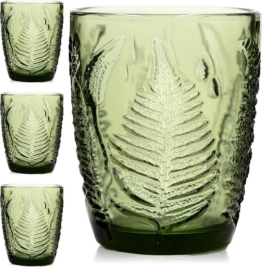Green Drinking Glasses Set of 4, 10 oz Hand-Pressed Old Fashioned Glass Cups, Fern Textured Retro Lowball Tumblers, Vintage Glassware for Water, Whiskey, Wine, Cocktails & Juice, Housewarming Gift Set