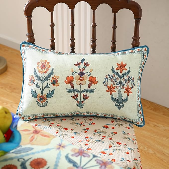 ISAENNE Design Lumbar Linen Throw Pillow Covers 12"x20" Pack of 2, Blue Country Cushion Covers with Colorful Wildflower Pattern Decor Rectangle Pillowcases for Bed,Living Room,Outdoor,Car