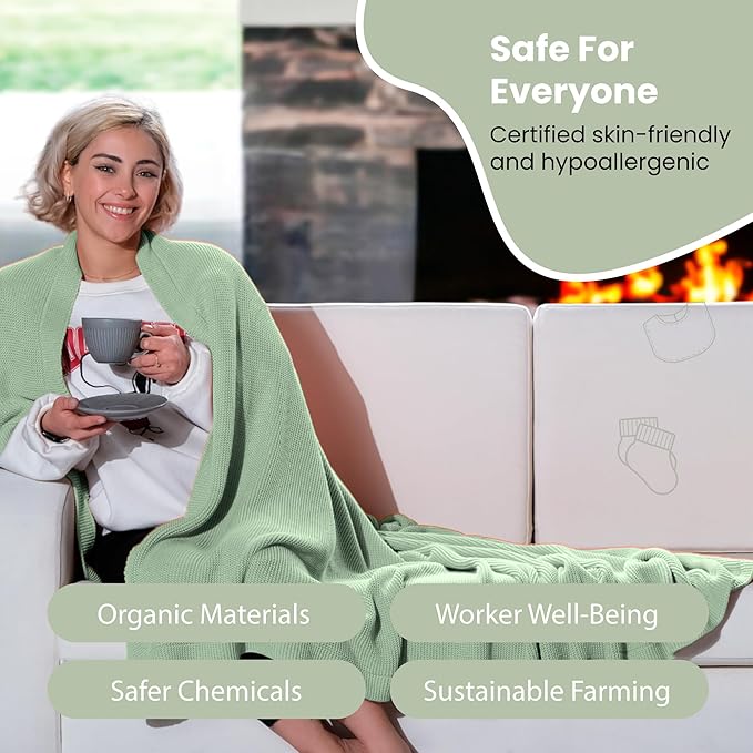 Dalisa 100% Organic Turkish Cotton Throw Blanket - GOTS Certified, Cozy - Perfect for Couch, Bed, and Home Decor - Boho Vintage Knit Alina (Sage, 60x80)