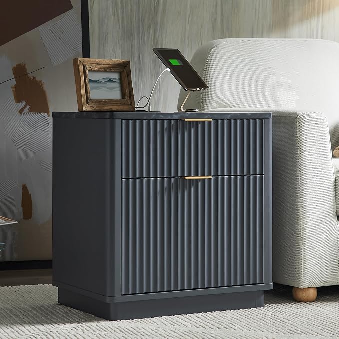 T4TREAM 23'' Fluted Nightstand with Charging Station, Large 2 Drawer Side Table, Modern End Table with Storage, Mid Century Bedside Table for Bedroom, Living Room, Curved Profile, Dark Grey